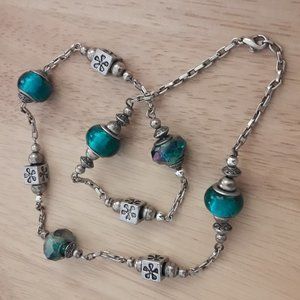 Beaded Necklace Teal Stones and Silver Beads on Choker Length Chain Turquoise